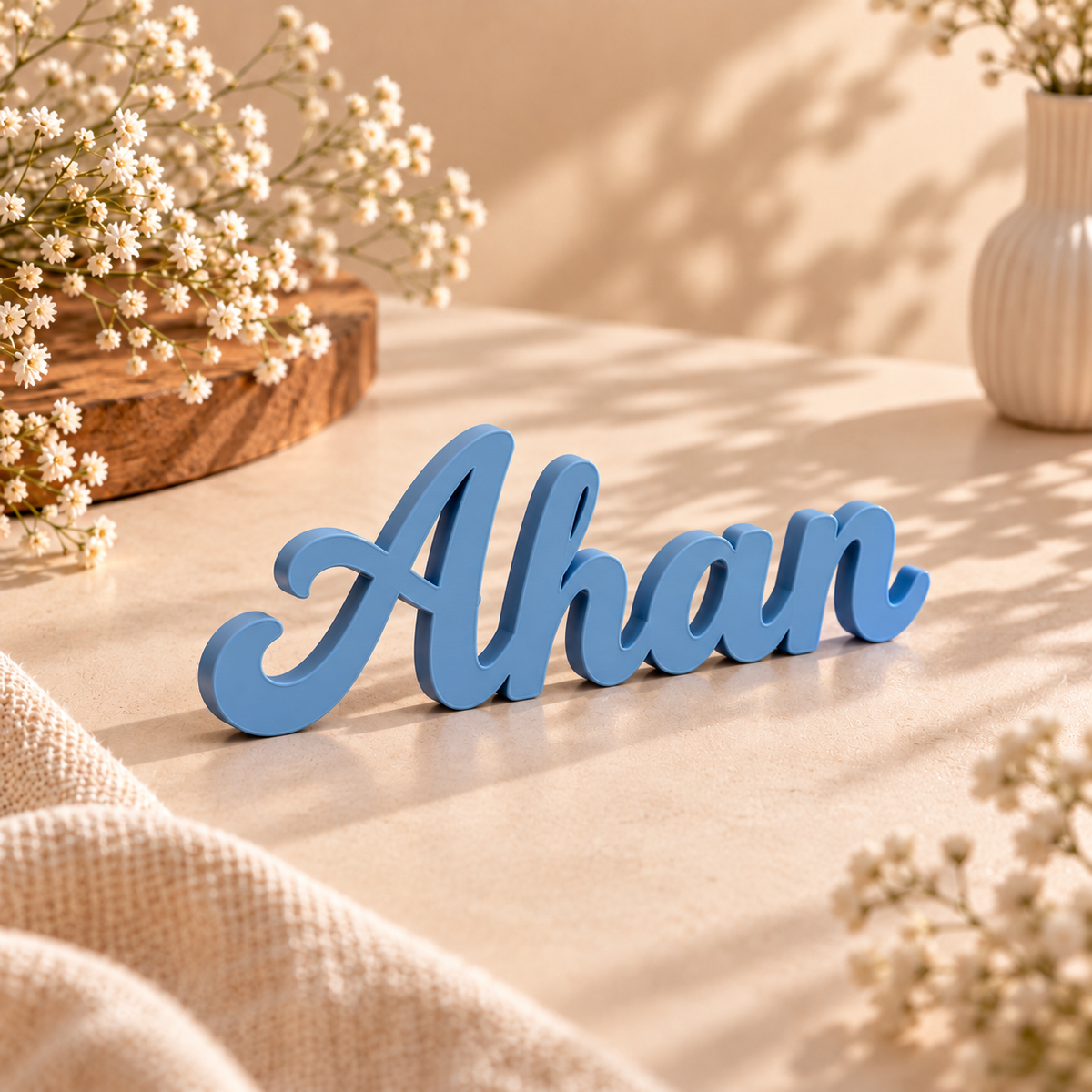 Blue 3D-printed personalized name cutout, custom PLA name sign for kids room decor