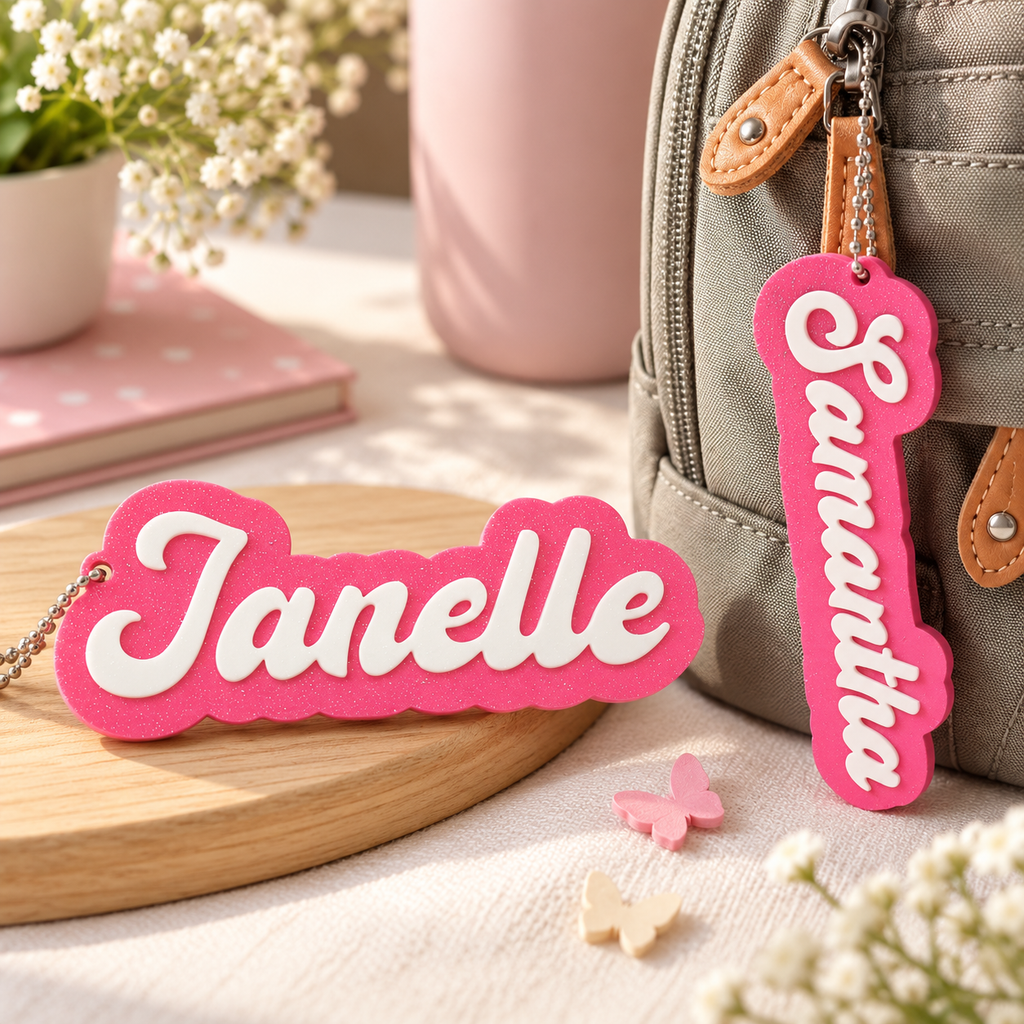 Pink personalized 3D-printed name bag tags on backpack, custom kids luggage tag