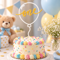 Personalized balloon first birthday cake topper with gold 'one' script