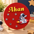 Personalized astronaut kids room sign, red round custom name sign board