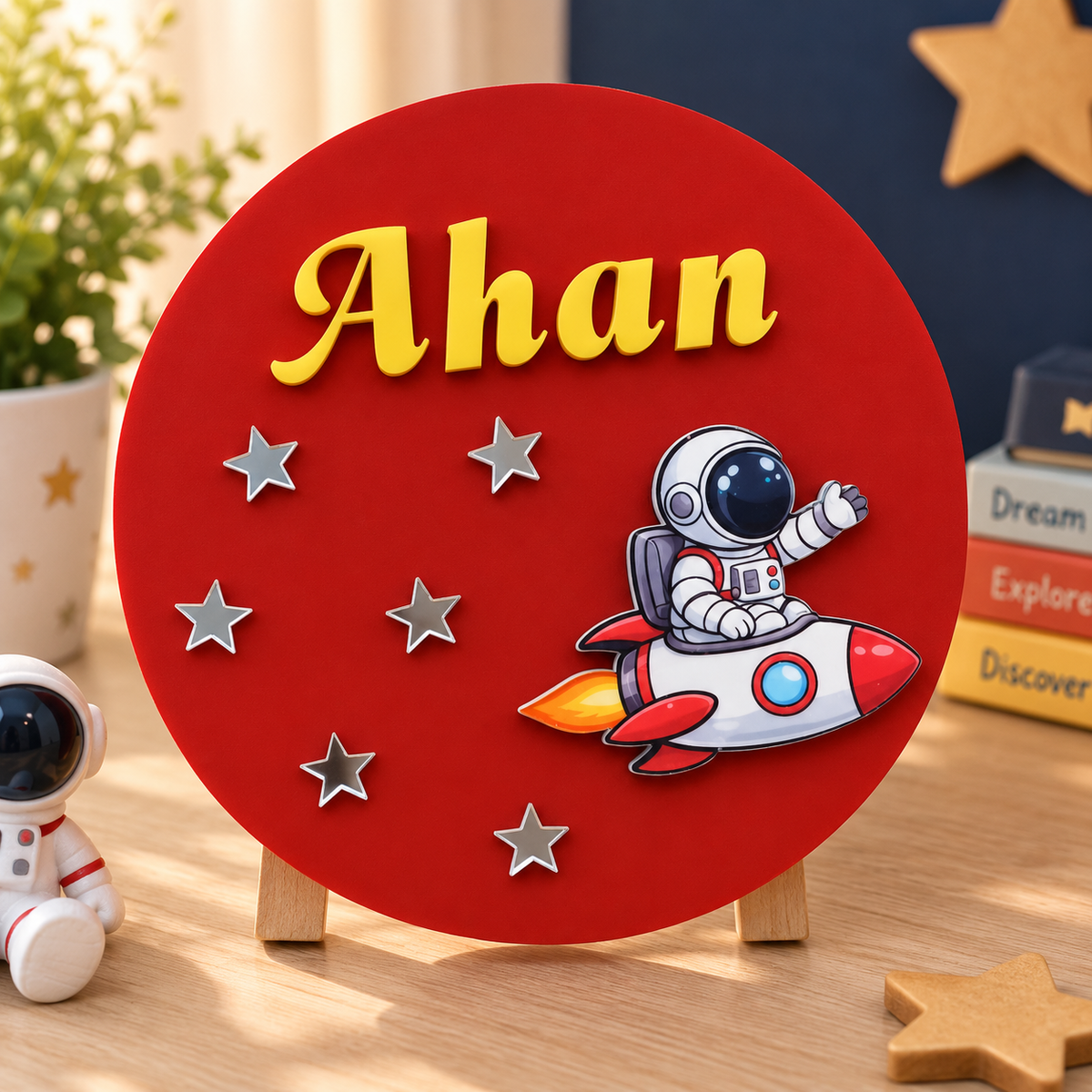 Personalized astronaut kids room sign, red round custom name sign board