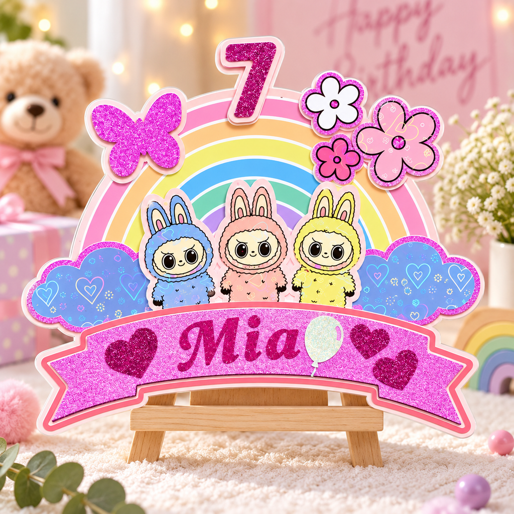 Personalized rainbow birthday cake topper with name, bunny and butterfly decor