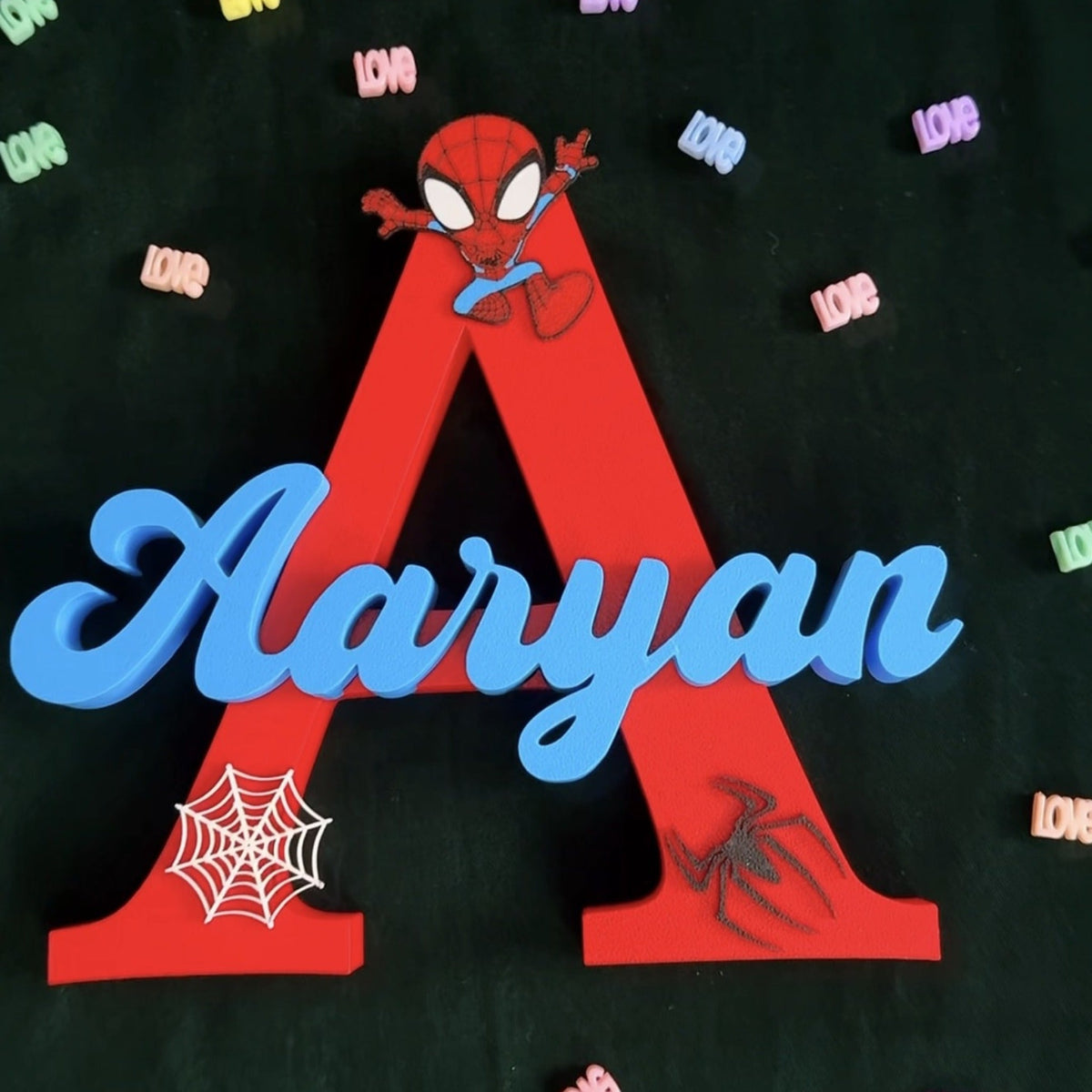 Spider-inspired personalized 3D name sign, red letter with blue script name